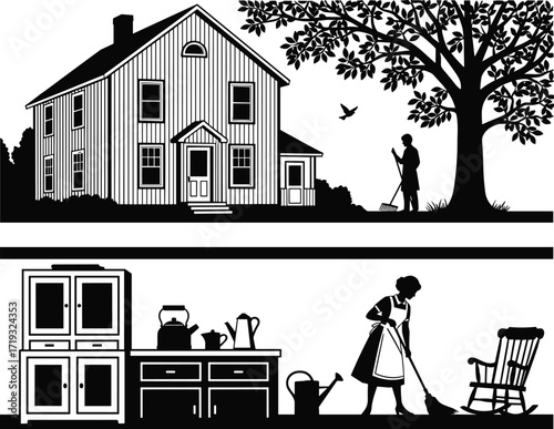 Vintage house, autumn leaves, cozy interior, kitchen scene, daily chores, rustic lifestyle, seasonal cleanup, home care, domestic routine, peaceful living