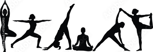 Yoga pose silhouettes, black vector, fitness clipart, mindfulness, meditation, stretching, wellness design, balance, flexibility, exercise, healthy lifestyle, graphic