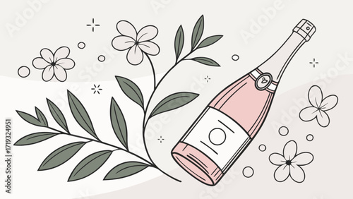 Elegant pink champagne bottle with floral accents vector illustration for celebration design