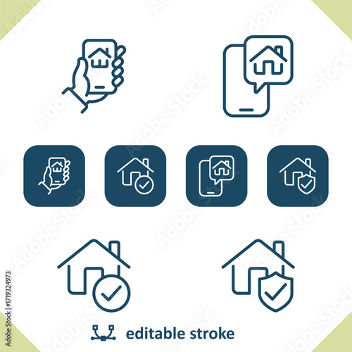Real Estate Icons. House, Home, Hand, Smartphone, Insurance, Security Icon