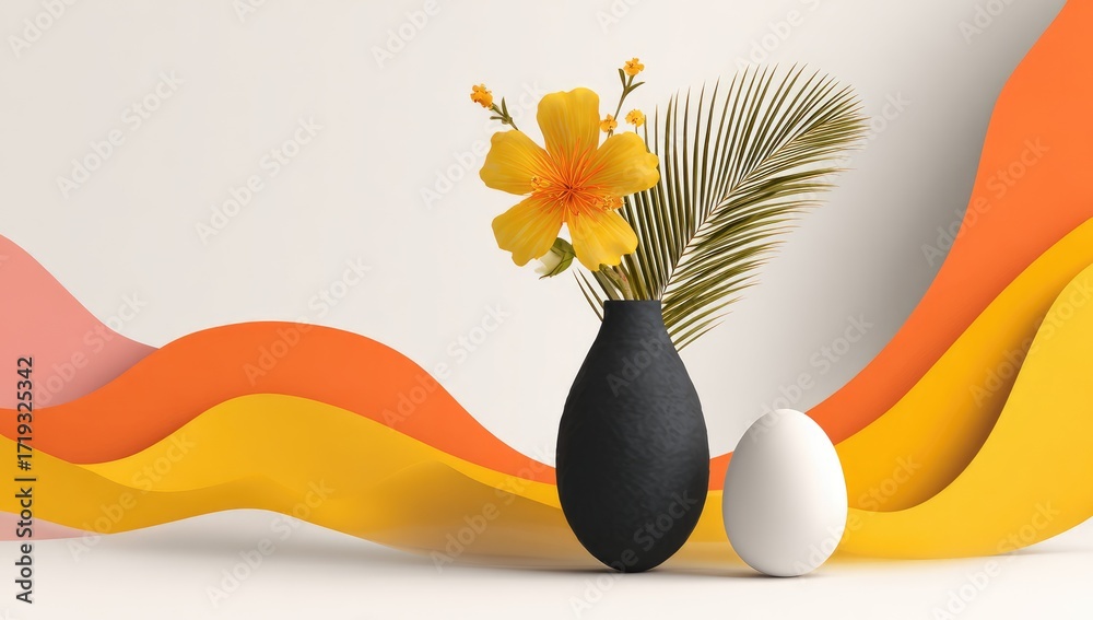 Naklejka premium Abstract still life with yellow flower, vase, and egg