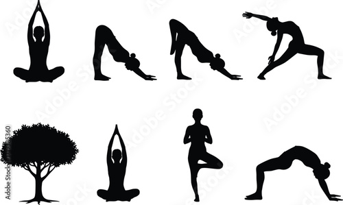 Yoga pose silhouettes, black vector, tree icon, wellness clipart, meditation, stretching, balance, flexibility, nature, exercise, healthy lifestyle, graphic
