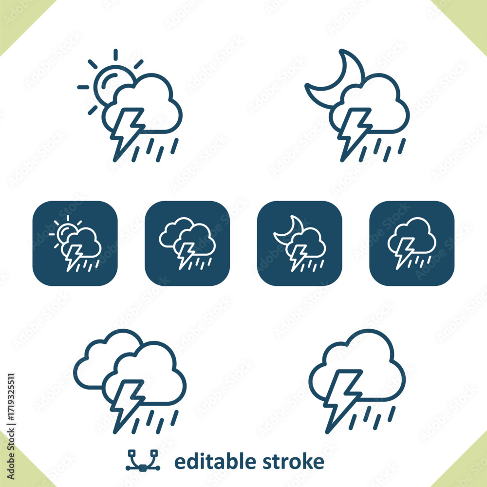 Obraz premium Weather Icons. Raining, Rain, Cloud, Storm, Lightning, Sun, Day, Moon, Night