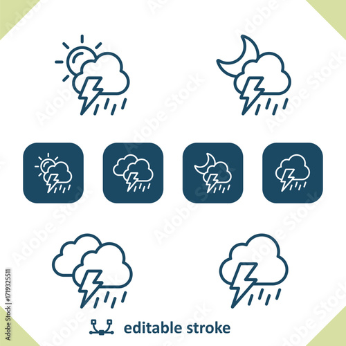 Weather Icons. Raining, Rain, Cloud, Storm, Lightning, Sun, Day, Moon, Night