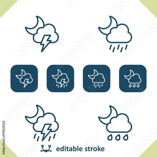 Weather Icons. Moon, Cloud, Rain, Raining, Storm, Lightning Bolt