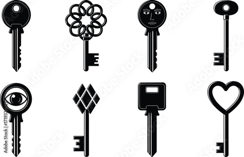 Vintage keys, artistic key designs, symbolic key shapes, abstract metal keys, decorative key heads, unique key collection, antique style keys