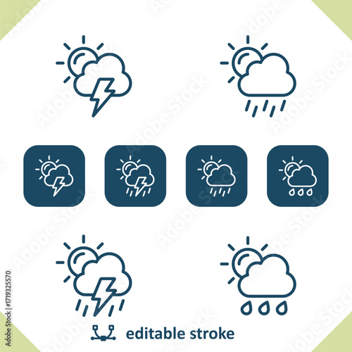 Weather Icons. Sun, Day, Cloud, Lightning Bolt, Storm, Raining, Rain