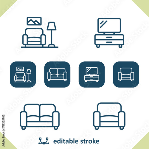 Home Icons. Living Room, TV Stand, Couch, Armchair, Furniture, Real Estate Icon