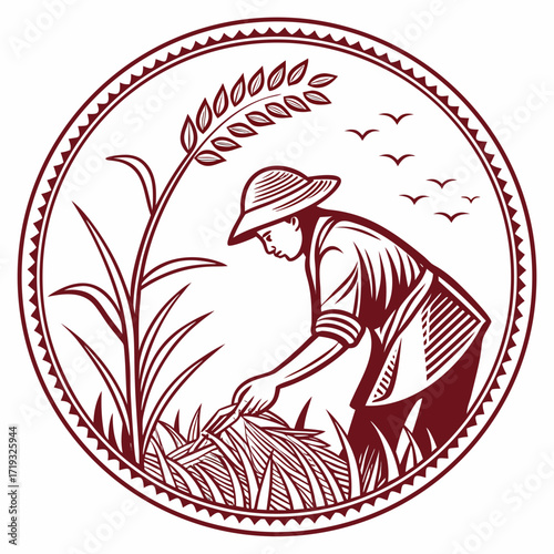 Illustration of a farmer sowing seeds in a field with wheat stalks inside a coin, , symbolizing agriculture, economy, and rural life in a vintage style
