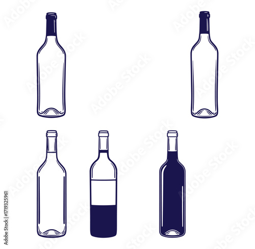 Set of elegant wine bottles in outlined style isolated on a white background