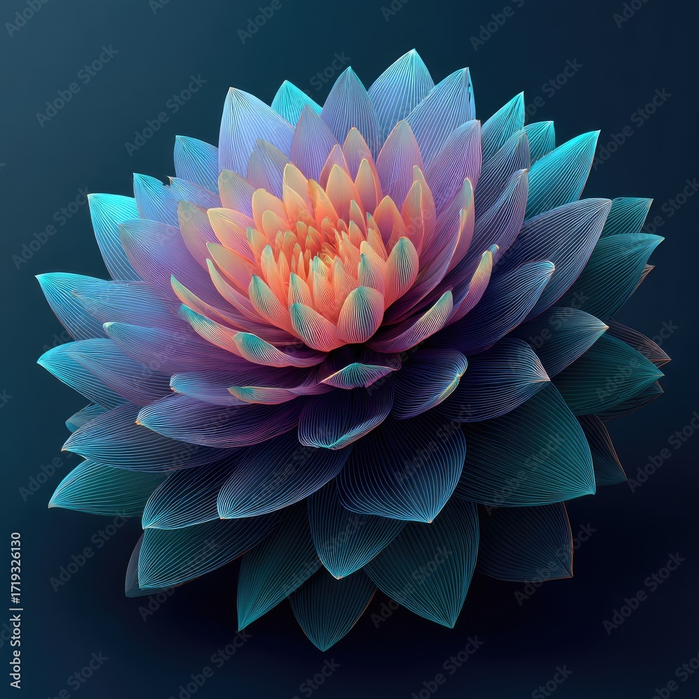 Fototapeta premium A detailed, vibrant, and artistic depiction of a digitally enhanced flower, showcasing a stunning array of colors and intricate design elements against a deep background.