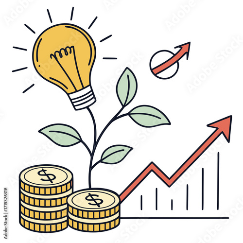 Vector art of illustration depicting the concept of financial growth and investment, showcasing a lightbulb sprouting from coins, symbolizing innovative ideas leading to monetary success