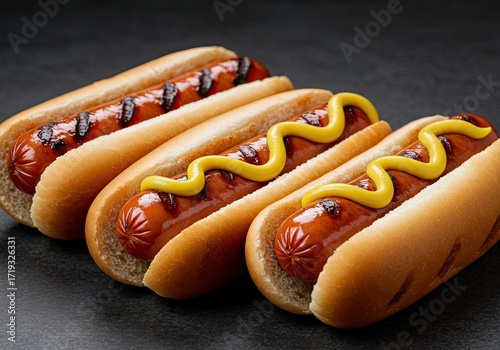 Grilled Hot Dogs with Mustard on Studio Black Background 