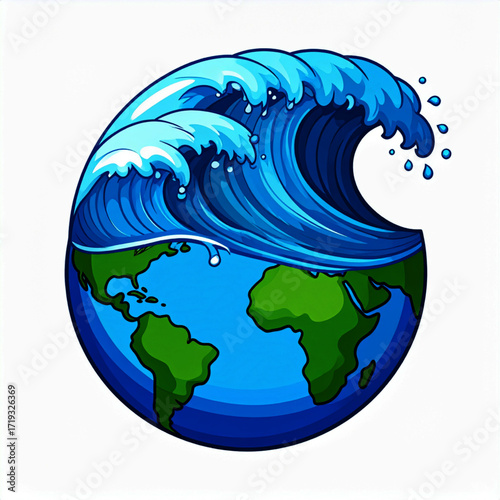 Cartoon illustration of a large blue wave crashing over a stylized Earth globe