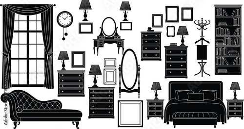 Vintage, furniture, collage, interior, decor, classic, home, elegant, black, white, illustration, mirror, lamp, dresser, bed, bookshelf, vanity, clock, curtain, lounge
