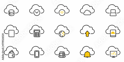 Modern cloud computing icons for business, data storage and security services, and network solutions, perfect for web design and presentations