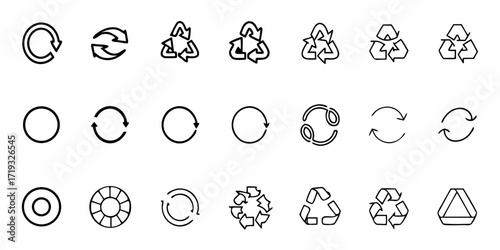 Sustainable solutions and eco-friendly choices with this collection of recycling icons, ideal for environmental awareness campaigns and zero waste initiatives