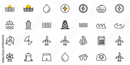 Clean energy solutions icons, powering a sustainable future with renewable resources like water, sun, wind, and geothermal for a greener planet