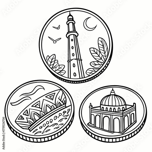 Vector art of three coins with detailed illustrations of a minaret, a boat, and a mosque, all in a black and white line art style, evoking a sense of history