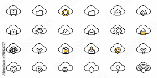Modern cloud computing icons showcasing data storage, network solutions, file management, and innovative technology for digital transformation needs
