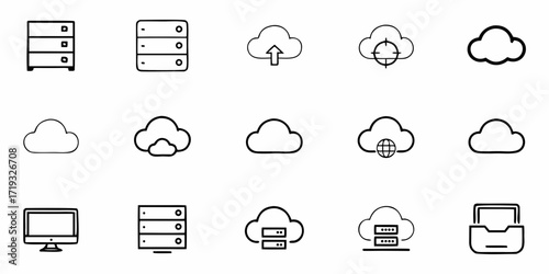 Modern cloud computing icons showcase data storage, networking, and servers for technology solutions, perfect for web design and app development needs