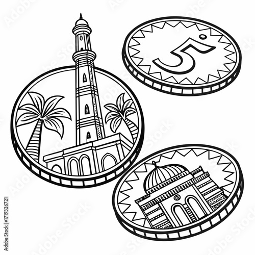Vector art of a black and white illustration of three coins, one with a lighthouse and palm trees, one with a mosque, and one with the number five