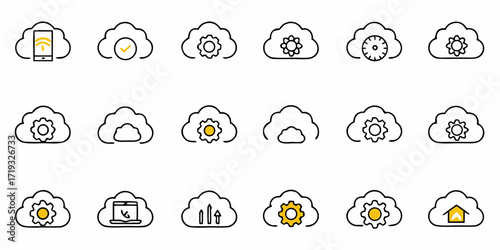 Dynamic cloud computing icon set showcasing data management, syncing, settings, and file uploading for a modern, tech-forward business solution