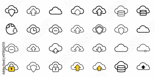 Modern cloud computing icons offering secure data transfer and storage solutions, showcasing databases, file management, and global data access