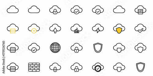 Versatile cloud computing icon set for dynamic web and app design projects, enhanced security and seamless integration with clean modern aesthetic, originally scalable vector