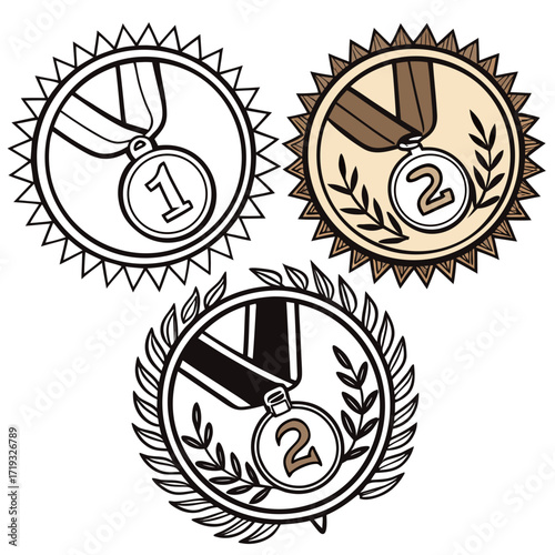 Illustration of three medals with the numbers 1 and 2, the medals are gold, silver, and bronze in color and have a laurel wreath