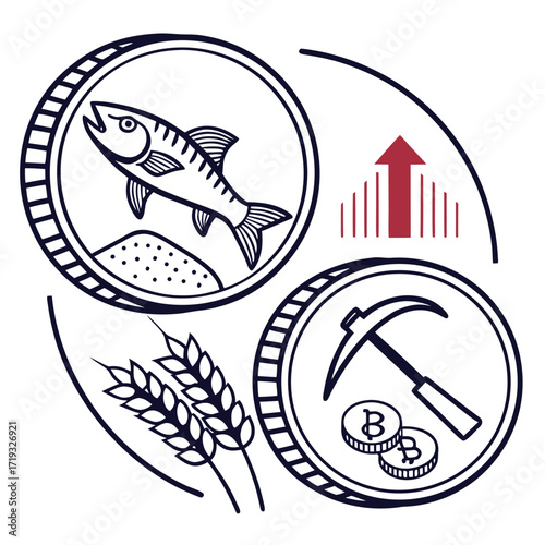 Vector art of illustration depicting economic activities with fish, grain, and mining, symbolizing diverse sectors and growth, a visual representation of market dynamics