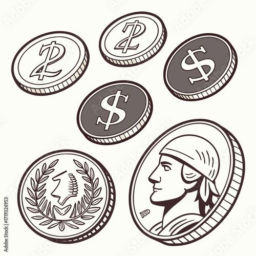Vector art of handdrawn coins featuring various currencies and historical figures, a collection representing global finance, trade, and numismatic history in detail