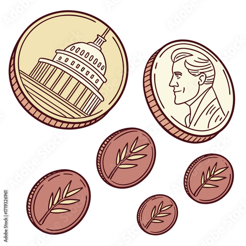 Illustration of coins featuring landmarks and portraits, a visual representation of currency, history, and national symbols in a detailed design