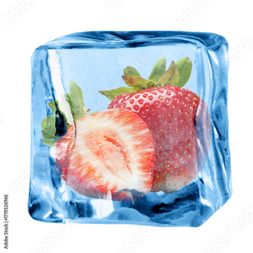 Fresh strawberries in ice cube isolated on white