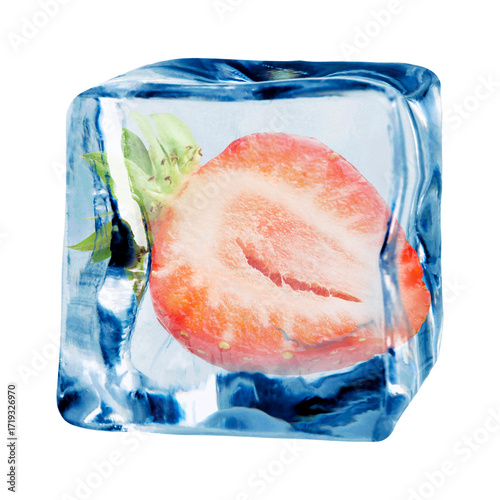 Half of fresh strawberry in ice cube isolated on white