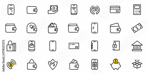 Financial tech and online banking vector icons collection for modern business, secure payments, and mobile transactions, simplified banking solutions