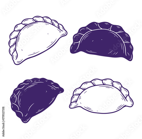 Simple hand drawn dumplings in different styles in black and white isolated on white background