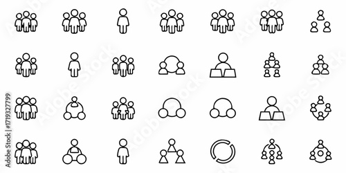 Teamwork connections and networking outline icons for business collaboration and social engagement, showing leadership, social structure, and organization