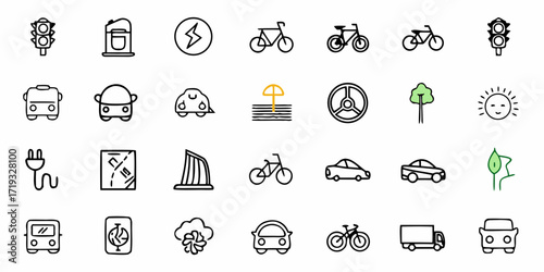 Eco-friendly transport and nature icons for a sustainable future, featuring clean energy, bicycles, and lush greenery, ideal for environmental campaigns