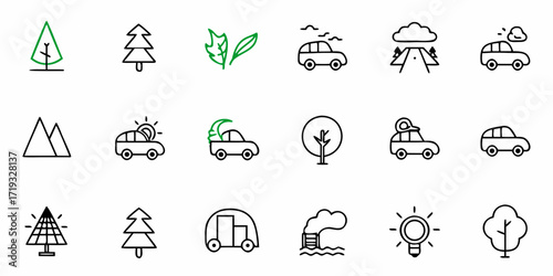 Eco-Friendly Travel Icons for Sustainable Living Projects, Black and Green Doodle Style for Environmentally Conscious Design Work, Nature, Cars, and Energy