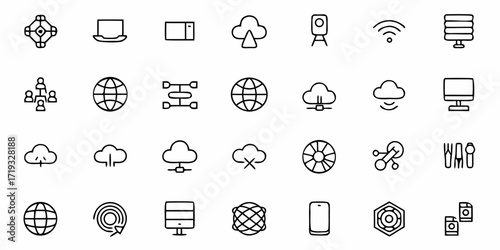 Modern technology outline icons for website and app design, cloud computing, networking, data storage, and global connection concepts for digital age innovation
