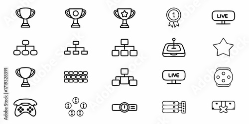 Engaging icon set featuring doodle style awards, network diagrams, live streaming, and tech elements perfect for modern designs and innovative projects