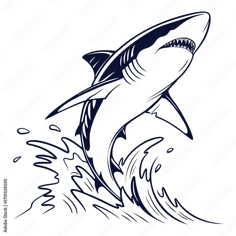 Fototapeta premium Leaping great white shark illustration with water splashes in blue tones