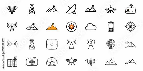 Explore adventure travel with wifi and drone technology for navigation and communication, a modern set of icons symbolizing discovery and exploration