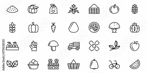 Fresh produce icons for farm-to-table designs, organic market promotions, and healthy eating campaigns, originally a scalable vector graphic