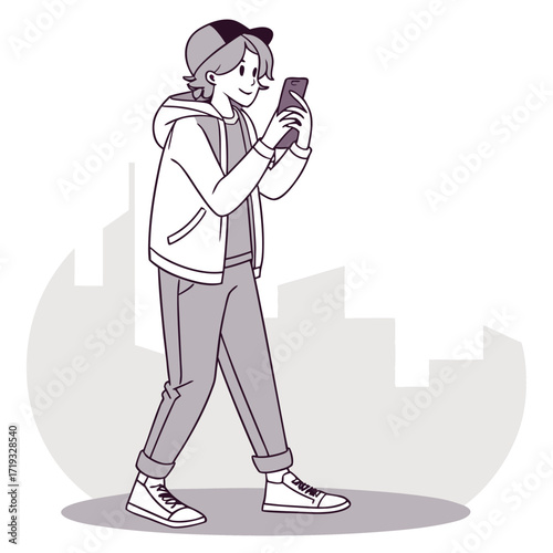 Young person using a smartphone while walking in an urban setting