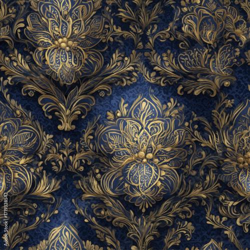 Rich Gold and Dark Blue Damask Pattern