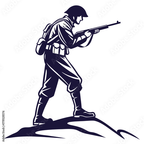 A soldier in profile aiming a rifle with a backpack on