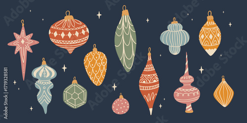 Set of christmas tree decorations with different shapes. Xmas baubles in hand drawn vintage style
