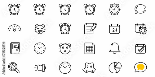 Dynamic collection of time management icons perfect for apps, websites, and presentations, ranging from clocks and calendars to charts and notifications